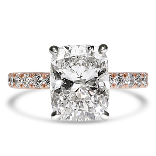 14k Rose Gold 3.50ct Lab Grown Elongated Cushion Diamond Band Engagement Ring