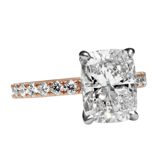 14k Rose Gold 3.50ct Lab Grown Elongated Cushion Diamond Band Engagement Ring
