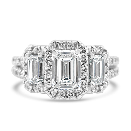 14k White Gold 2.20ctw Three Stone Lab Grown Emerald Diamond Halo Engagement Ring