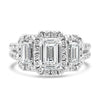 14k White Gold 2.20ctw Three Stone Lab Grown Emerald Diamond Halo Engagement Ring