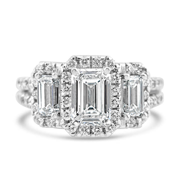 14k White Gold 2.20ctw Three Stone Lab Grown Emerald Diamond Halo Engagement Ring