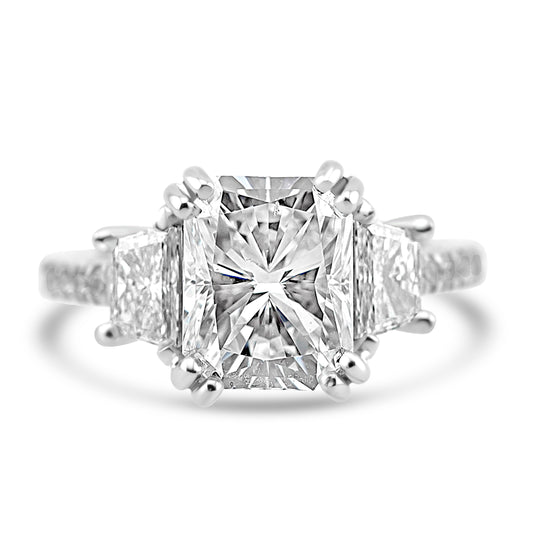 18k White Gold 5.00ctw Three Stone Lab Grown Elongated Radiant and Trapezoid Diamond Band Engagement Ring