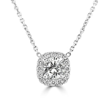 14k White Gold 1.10ct Lab Grown Round Diamond Cushion Halo Necklace