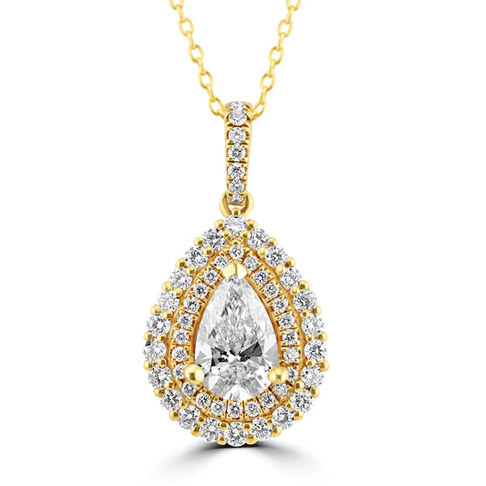 18k Yellow Gold 1.00ct Lab Grown Pear Diamond Double Halo Necklace