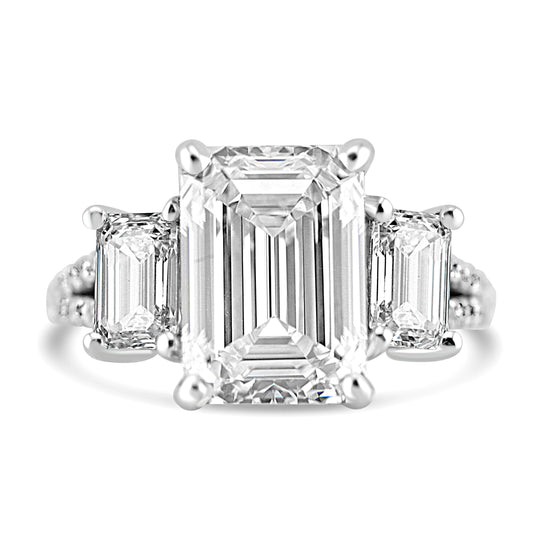 14k White Gold 5.50ctw Three Stone Lab Grown Emerald Diamond Engagement Ring
