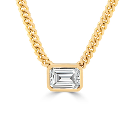 14k Yellow Gold 3.00ct Lab Grown Emerald Diamond Bezel Cuban Link Necklace