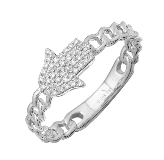 14k White Gold Diamond Hamsa Cuban Link Ring