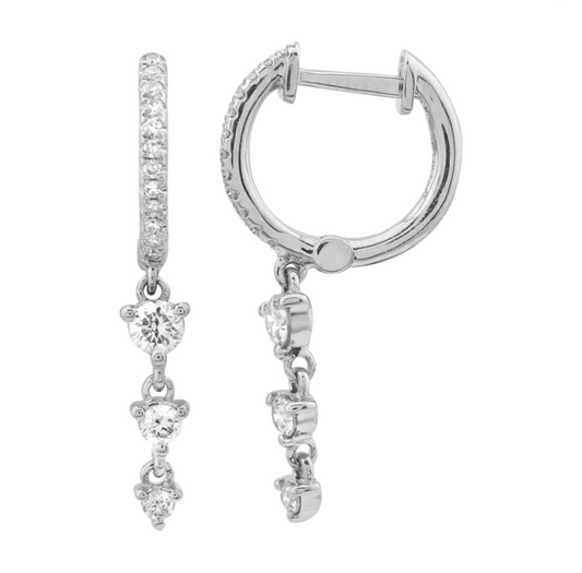 14k White Gold Dangling Diamonds Huggie Earrings