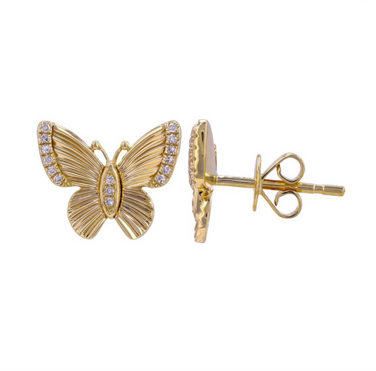 14k Yellow Gold Fluted Butterfly Diamond Stud Earrings