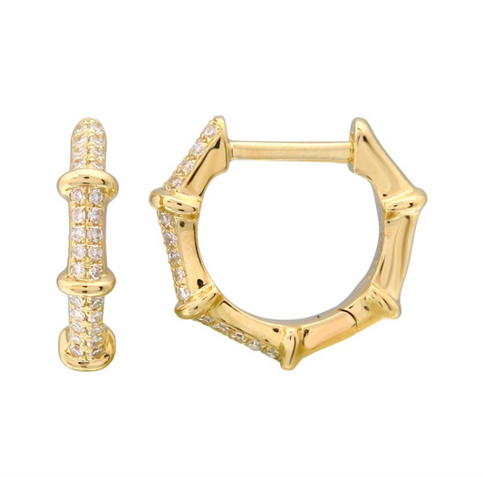 14k Yellow Gold Bamboo Diamond Huggie Earrings