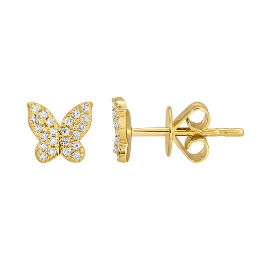 14k Yellow Gold Diamond Butterfly Stud Earrings