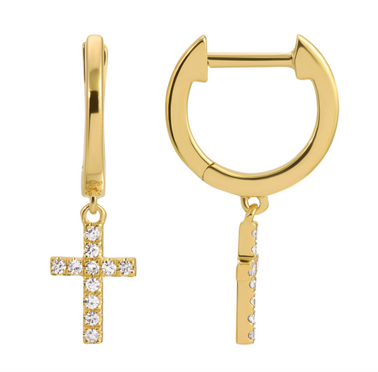 14k Yellow Gold Dangling Diamond Cross Huggie Earrings