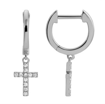 14k White Gold Dangling Diamond Cross Huggie Earrings