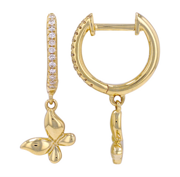 14k Yellow Gold Dangling Butterfly Diamond Huggie Earrings