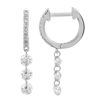 14k White Gold Three Floating Dangling Diamond Huggie Earrings