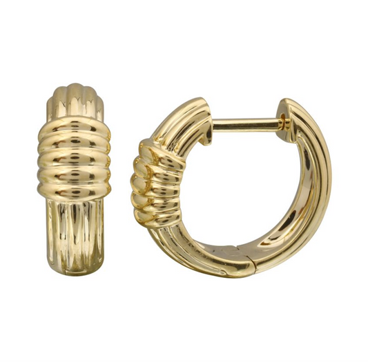 14k Yellow Gold Fluted Lines Huggie Earrings 13mm