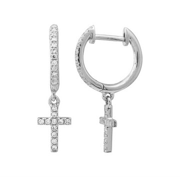 14k White Gold Dangling Cross Diamond Huggie Earrings