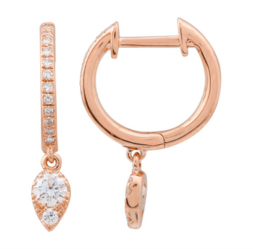 14k Rose Gold Dangling Pear Shape Drop Diamond Huggie Earring