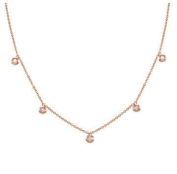 14k Rose Gold Five Dangling Diamond Bezel Necklace
