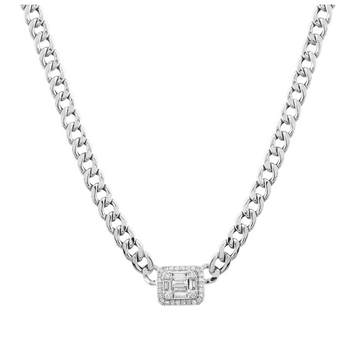 14k White Gold Illusion Emerald Diamond Cuban Link Choker Necklace