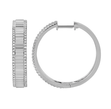14k White Gold Fluted Diamond Border Hoop Earrings 24mm