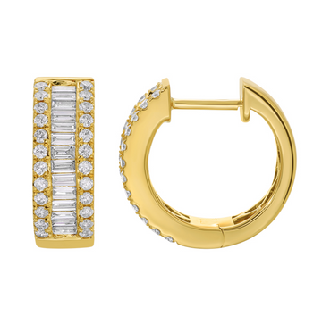 14k Yellow Gold Baguette Diamond Huggie Earrings 15mm