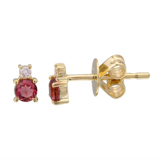14k Yellow Gold Pink Tourmaline Diamond Stud Earrings