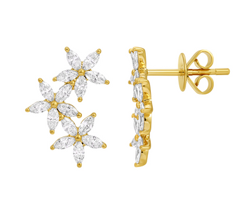 14k Yellow Gold Trio Flower Diamond Stud Earrings .85ctw