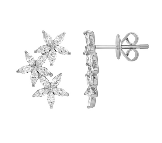 14k White Gold Trio Flower Diamond Stud Earrings .85ctw