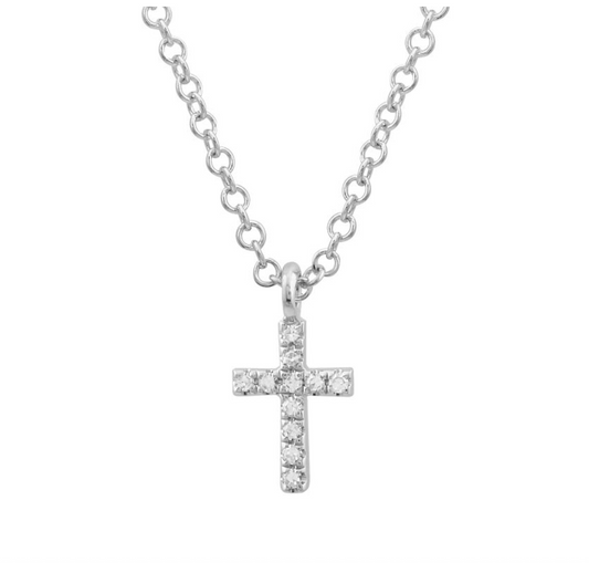 14k White Gold Mini Cross Diamond Necklace 7mm