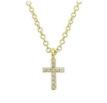 14k Yellow Gold Mini Cross Diamond Necklace 7mm