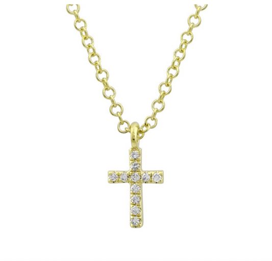 14k Yellow Gold Mini Cross Diamond Necklace 7mm