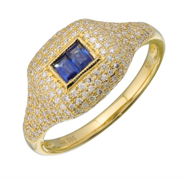 14k Yellow Gold Sapphire Diamond Signet Ring .65ctw