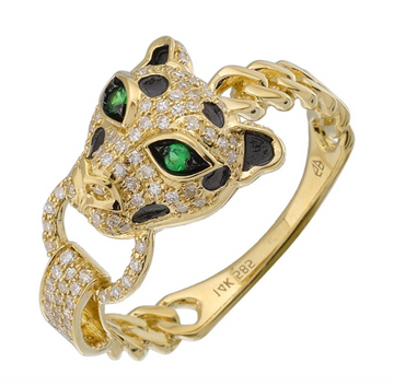14k Yellow Gold Green Eye Diamond Panther Ring .30ctw