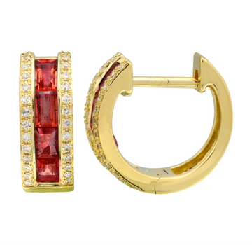 14k Yellow Gold 13mm Ruby Diamond Border Huggie Earrings 1.00ctw
