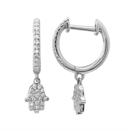 14k White Gold Dangling Hamsa Diamond Huggie Earrings .15ctw