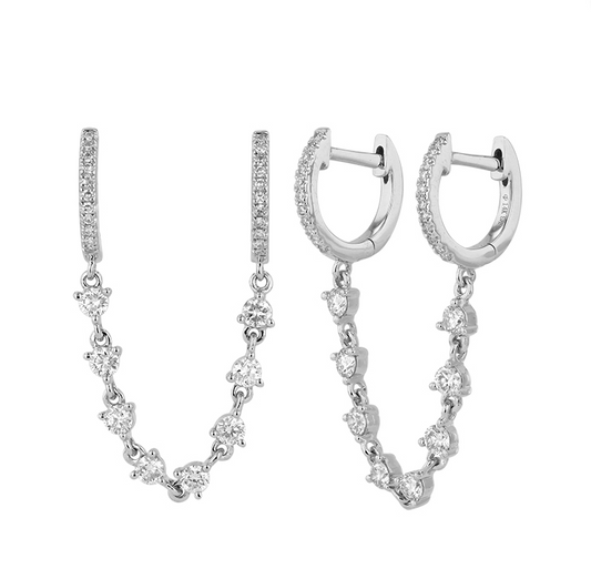 14k White Gold Double Huggie Diamond Chain Earrings .60ctw