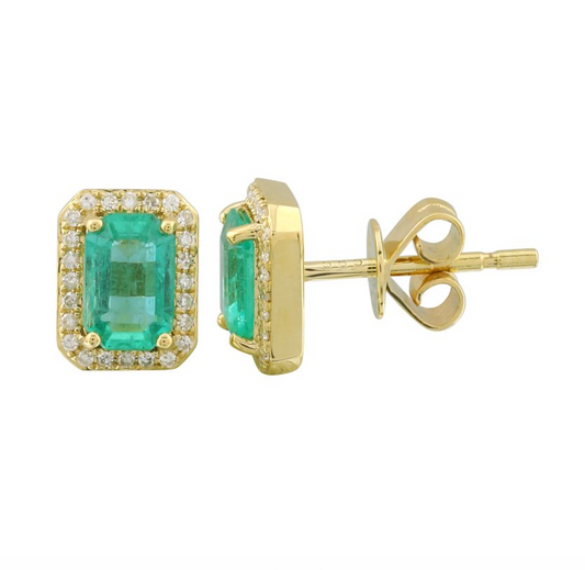 14k Yellow Gold Emerald Diamond Halo Stud Earrings 1.10ctw