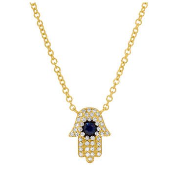 14k Yellow Gold Sapphire Hamsa Diamond Necklace .20ctw