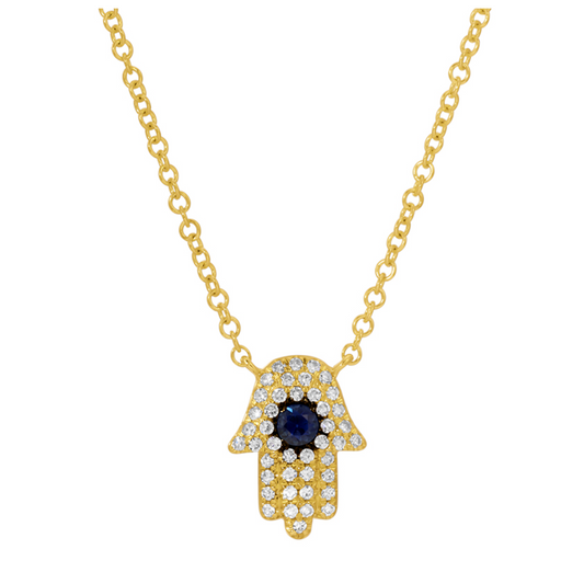 14k Yellow Gold Sapphire Hamsa Diamond Necklace .20ctw