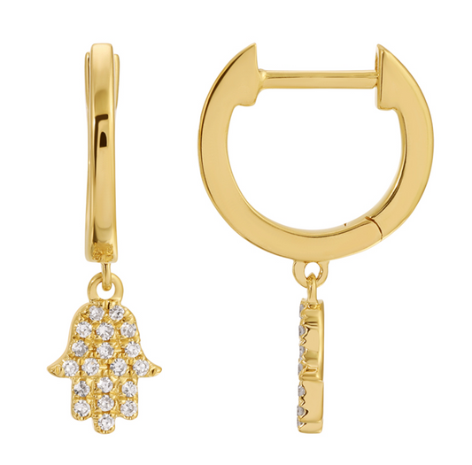 14k Yellow Gold Dangling Hamsa Diamond Huggie Earrings
