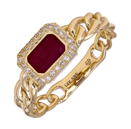 14k Yellow Gold Ruby Diamond Halo Cuban Link Ring .65ctw