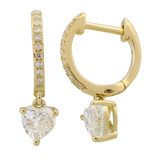 14k Yellow Gold Dangling Heart Diamond Huggie Earrings .25ctw