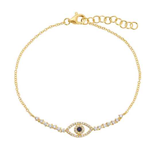 14k Yellow Gold Sapphire Evil Eye Diamond Chain Bracelet .35ctw
