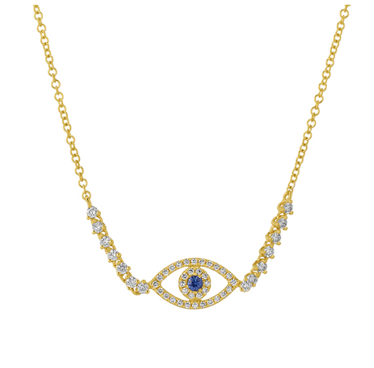 14k Yellow Gold Sapphire Evil Eye Diamond Chain Necklace .35ctw
