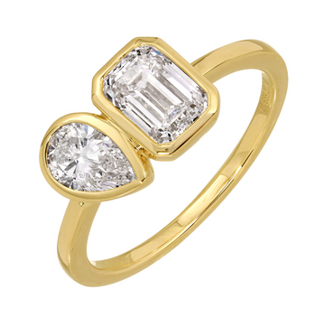 14k Yellow Gold 1.50ctw Lab Grown Diamond Toi Et Moi Emerald & Pear Bezel Ring