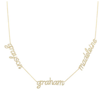 14k Yellow Gold Spaced Custom Diamond Three Names (Lowercase Cursive Script) Necklace