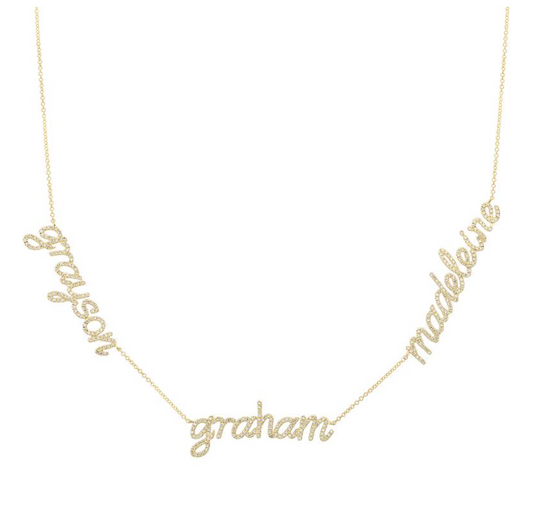 14k Yellow Gold Spaced Custom Diamond Three Names (Lowercase Cursive Script) Necklace