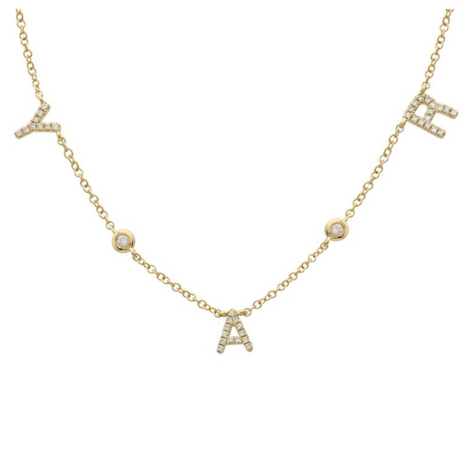 14k Yellow Gold Custom Three Diamond Initials (Spaced Uppercase Letters) Bezel Necklace