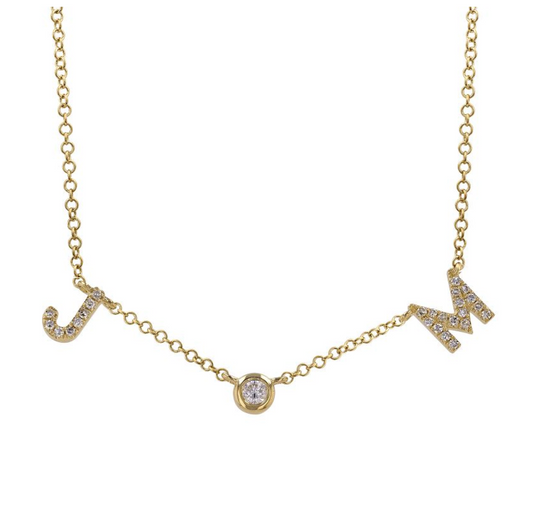 14k Yellow Gold Custom Diamond Two Initials (Spaced Uppercase Letters) Bezel Choker Necklace